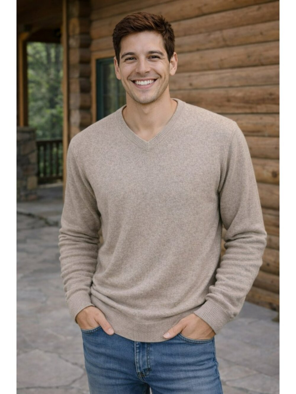 Fashion Elements 2-Ply Cashmere Beige V-Neck Sweater Mens Medium